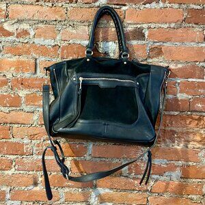 Moda Luxe Black Crossbody Tote Leather Suede Satchel Tote Handbag Metal Accents